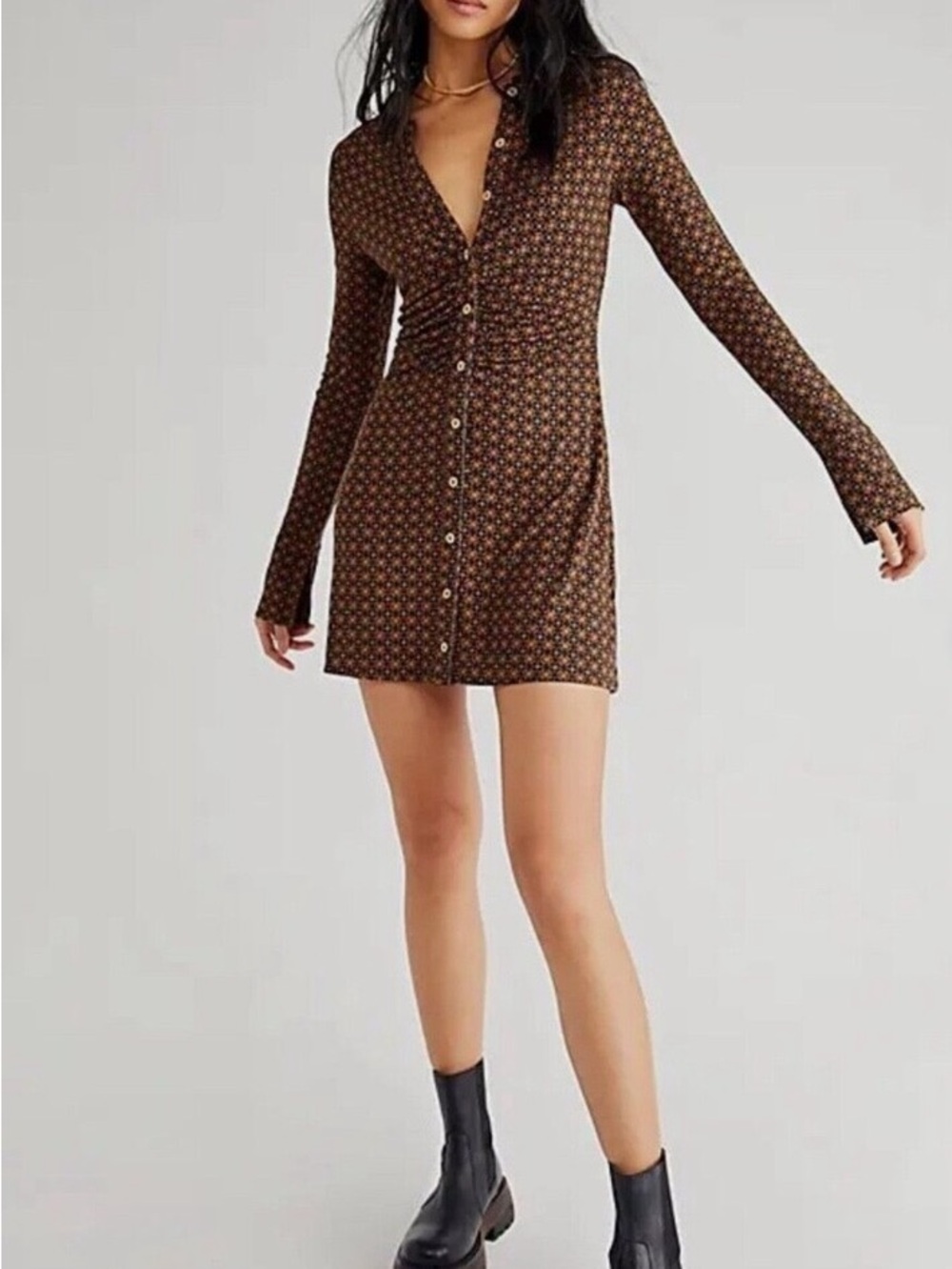 Free People Brown Printed Long-Sleeve Button Mini Dress